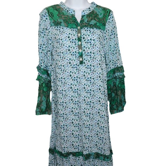 R. Vivimos Maxi Dress S Green Floral Ruffles Long Sleeve Peasant Prairie Cottage - Picture 3 of 9